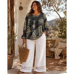 TanZara Womens 1X Boho Paisley Peasant Blouse Blue Smocked Yoke Bell Sleeve QQ17